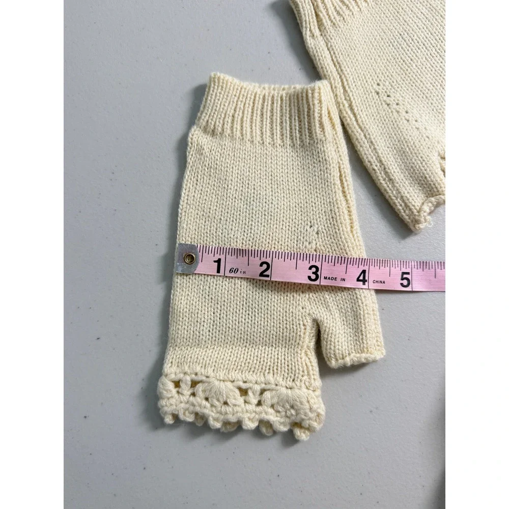 Unbranded Knit Fingerless Gloves Cream Floral Bee Embroidery Crochet Warmers‎